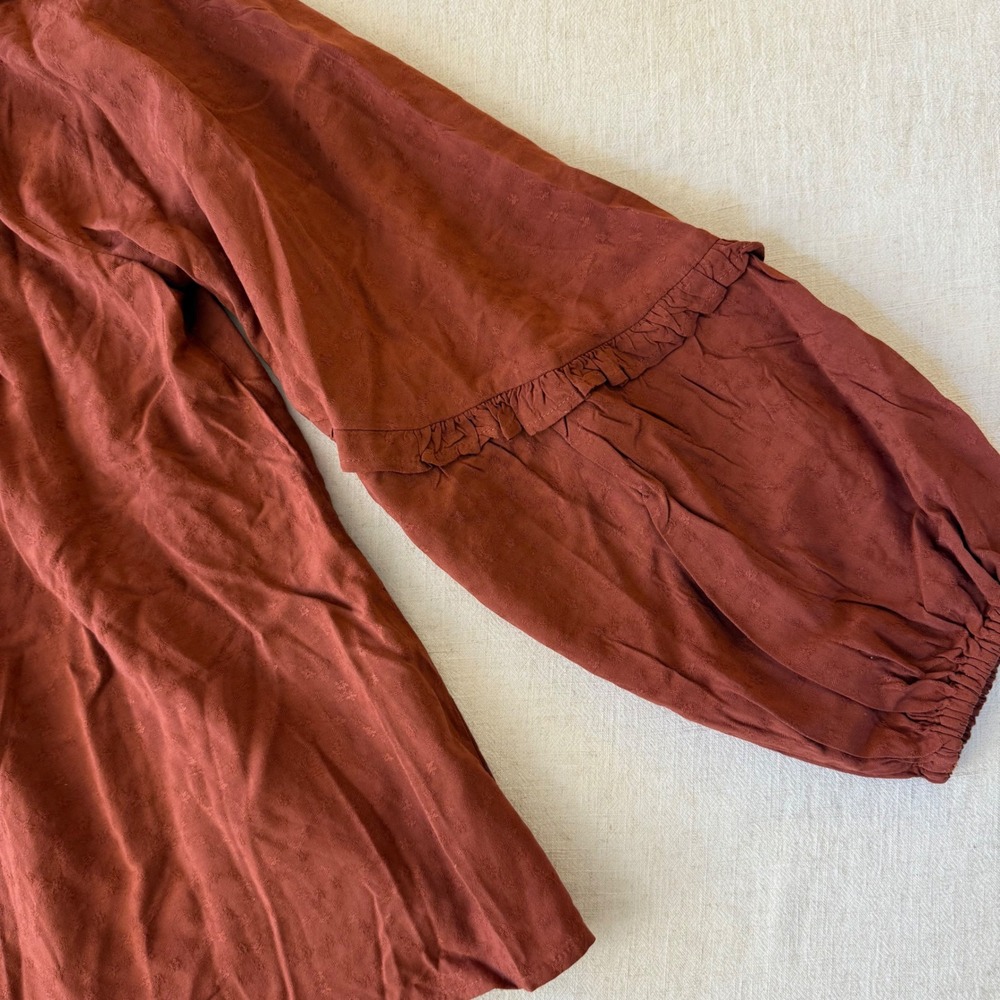 Knox Rose Rust Brown Clip Dot Peasant Blouse Tassel Tie Balloon Sleeve NWT XS - Picture 6 of 13